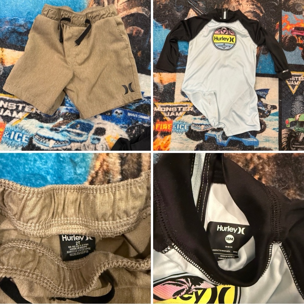 Hurley rashguard onesie 18m and Hurley shorts 2t